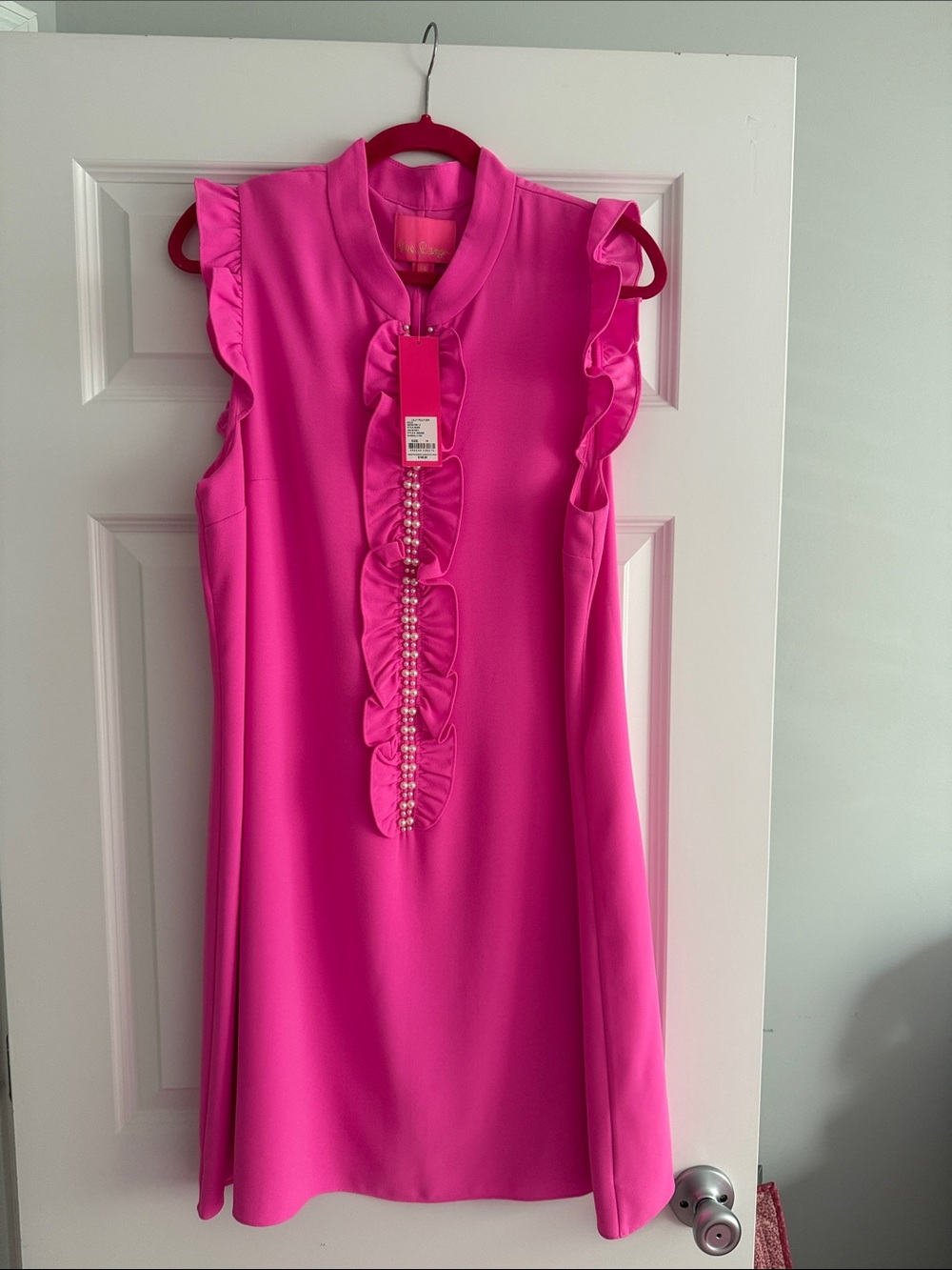 Lilly Pulitzer Hot Pink Adalee sleeveless Ruffle Dress with Pearl Trim